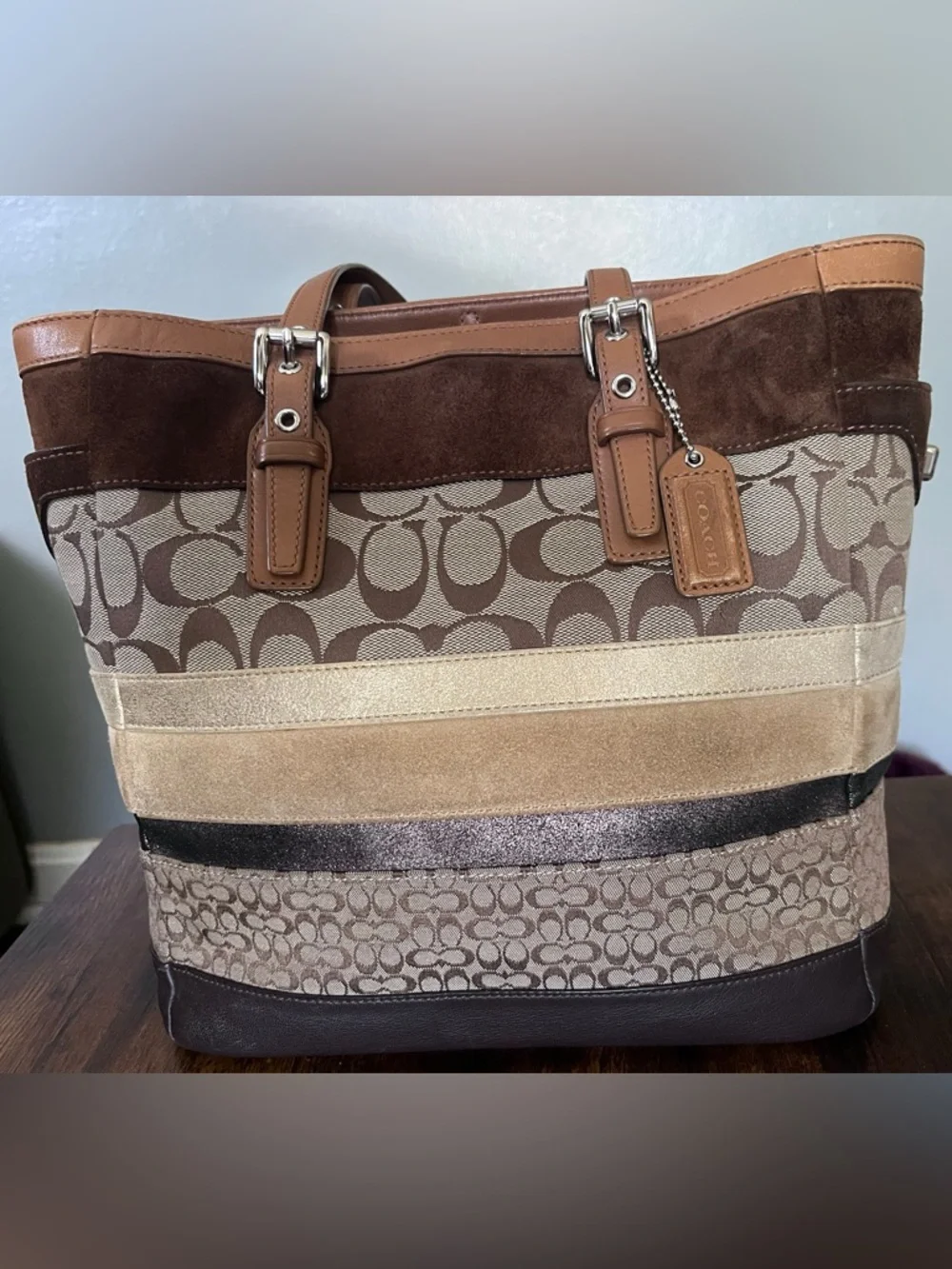 Coach Signature Patchwork stripe Tote in Brown, Tan and Cream - Picture 2 of 12